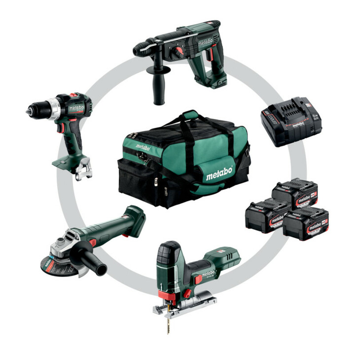 Metabo Akku Combo Set Bauhandwerk 4.3 SB 18 LT BL + W 18 L 9-125 Quick + KH 18 LTX 24 + STA 18 LTX 100; Werkzeugtasche