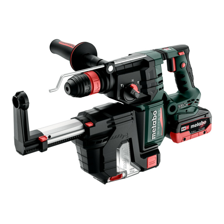 Metabo Akku-Kombihammer KH 18 LTX BL 28 Q Set ISA mit integrierter Staubabsaugung und Metabo-Quick-Wechselfutter ; metaBOX 185 XL; 18V 2x5.5Ah LiHD + ASC 145