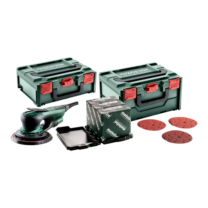 Metabo Exzenterschleifer SXE 150-2.5 BL Set mit metaBOX Schleifmittel-Set 'multi-hole'